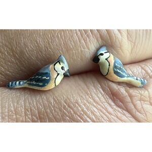 Blue Jay Bird Post Earrings Hand Painted Pewter Surgical Steel Hypoallergenic